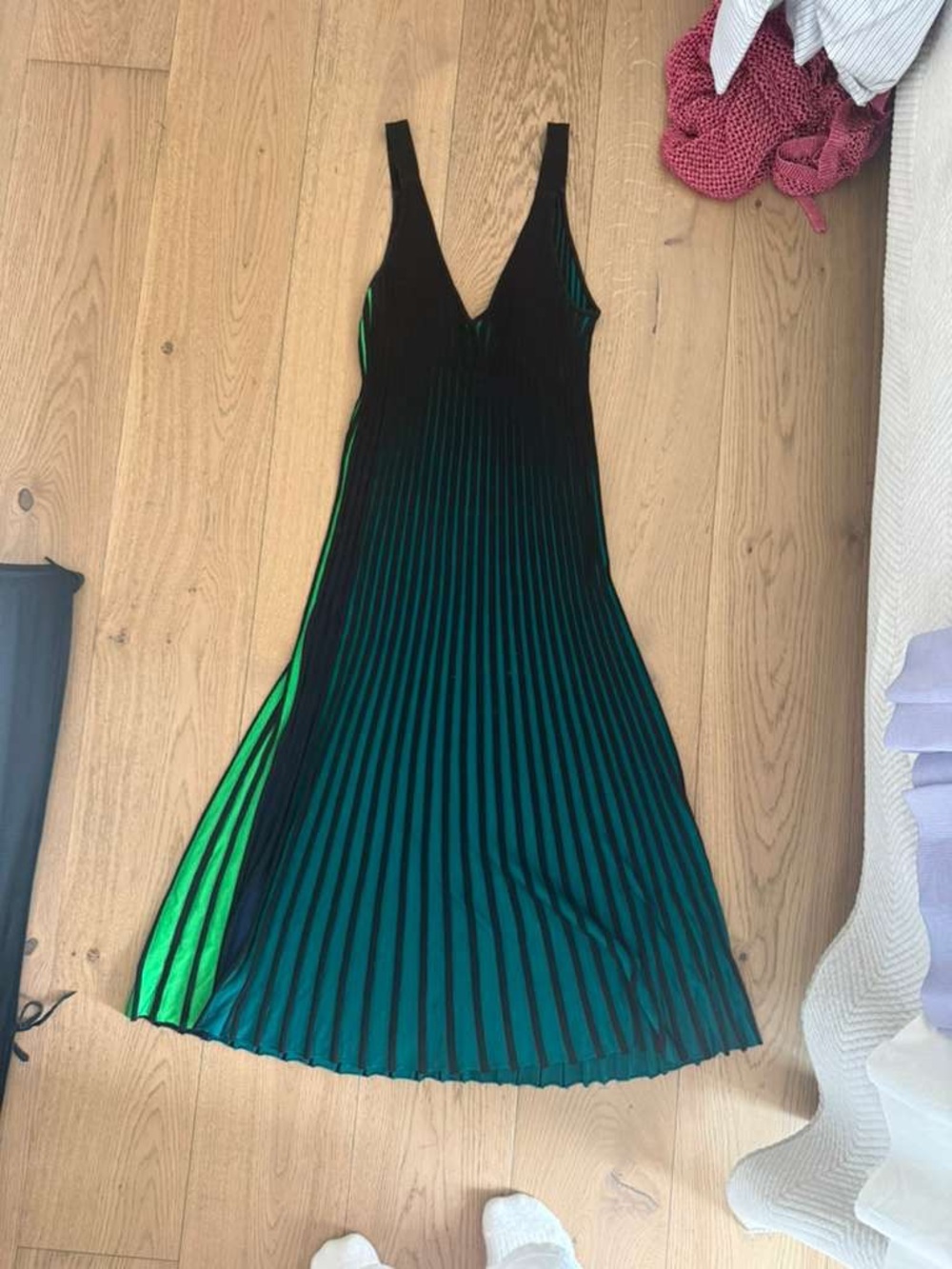 Kenzo Black Bodice Maxi Dress with Teal and Lime Pleats - Picture 2 of 3